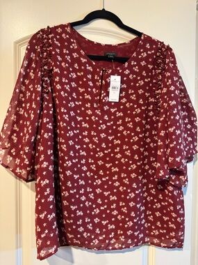 Ann Taylor Factory Wine Floral Ruffle-Sleeve Blouse